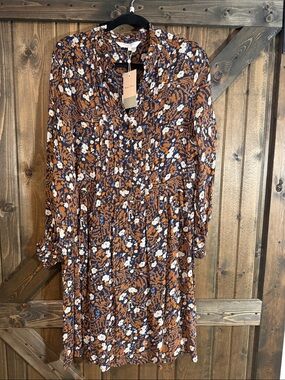 Navy and Rust Floral Long-Sleeve Boho Midi Dress